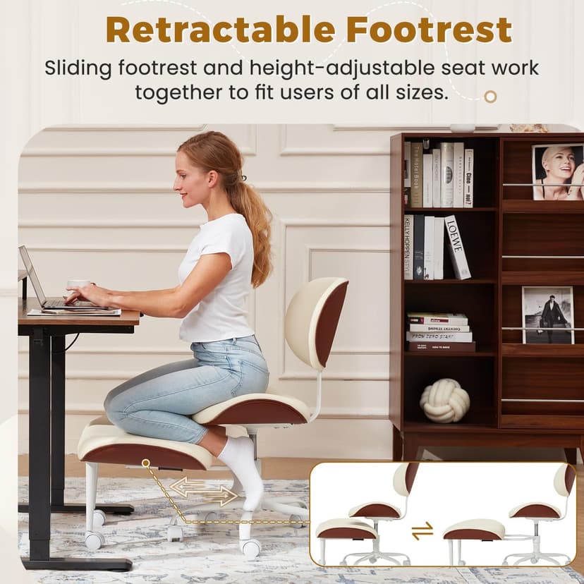 EROMMY ADHD Chair with Wheels Retractable footrest, Wide and Thickened Criss Cross Chair, Ergonomic Cross Legged Kneeling Desk Chairs for Meditation Yoga, Beige & Brown