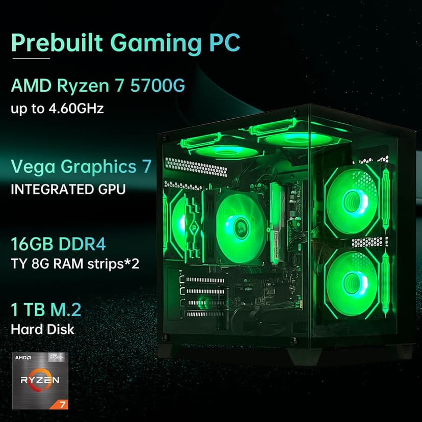 ALCPOK PC Gaming Desktop AMD Ryzen 7 5700G RAM 16G 3200MHz DDR4 1TB M.2 Prebuilt Computer Tower 550W Bronze Power Supply ARGB Air Colling Computer for Office Game