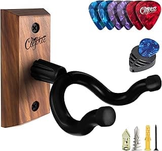 ClefArc Guitar Wall Mount - U-Shape Hardwood Guitar Hanger, Black Walnut Stand Wall Hangers, Pick Holders, Guitar Gifts for Guitarists, Guitar Accessories, with 6 Assorted Guitar Picks