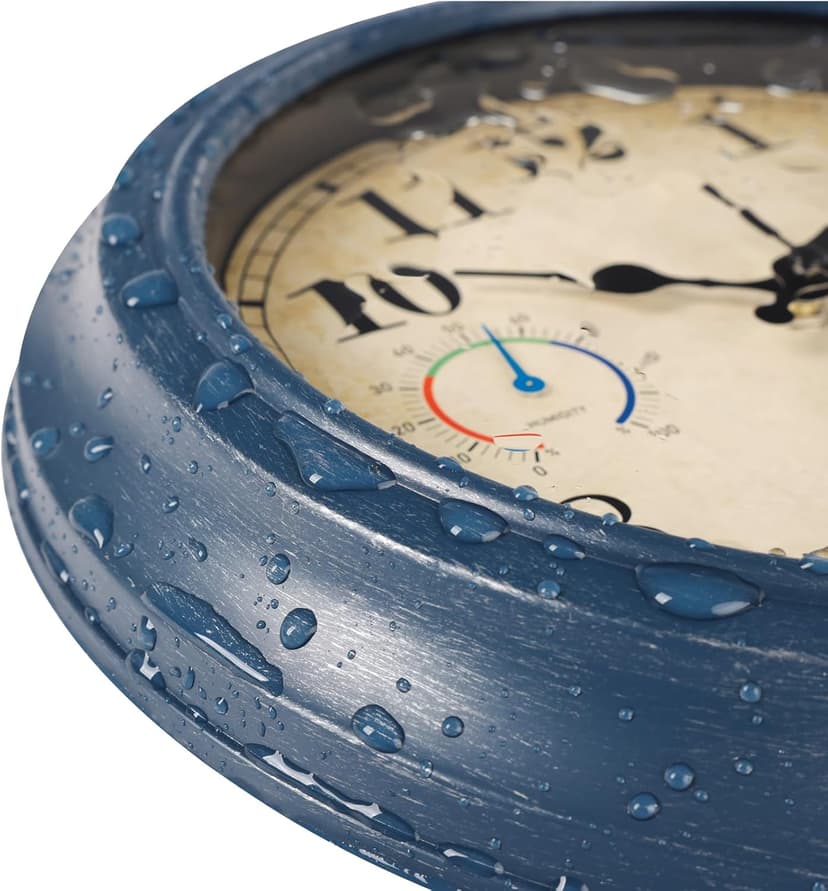 12 Inch Outdoor Clock with Thermometer and Hygrometer Combo, Waterproof Indoor Outdoor Wall Clocks for Patio, Pool, Garden, Bathroom Decor- Blue
