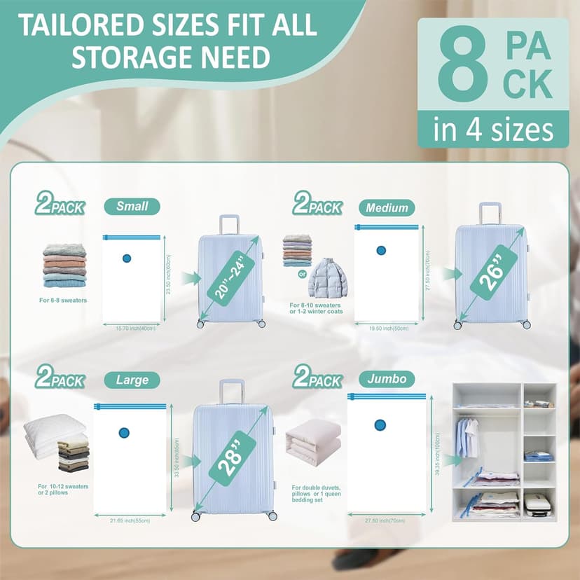 8 Pack Travel Vacuum Storage Bags with Rechargeable Wireless Electric Pump for Luggage, Suitcase, Carry-on Size Vacuum Seal Compression Space Saver Bags for Clothes and Clothing Travel