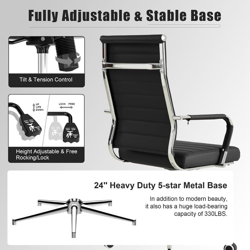 Okeysen Office Desk Chair, Ergonomic Leather Modern Conference Room Chairs, Executive Ribbed Height Adjustable Swivel Rolling Chair for Home Office. (Black)