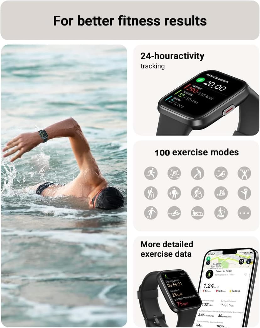 Tensky Smart Watch for Men/Women Android & iPhone, Alexa Built-in, 1.8" Touch Screen Fitness Tracker with Answer/Make Calls, 3ATM Waterproof Heart Rate/Sleep/SpO2 Monitor, Pedometer, 100+ Sport Modes