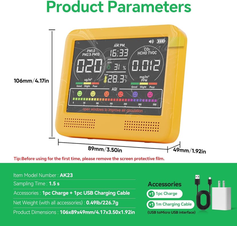 16-in-1 Indoor Air Quality Monitor with PM1.0,PM2.5,PM10,CO2,HCHO,TVOC,Temperature,Humidity,Time Display &7 AQI Alarms – Professional Air Quality Tester for Home, Office & Indoor Use