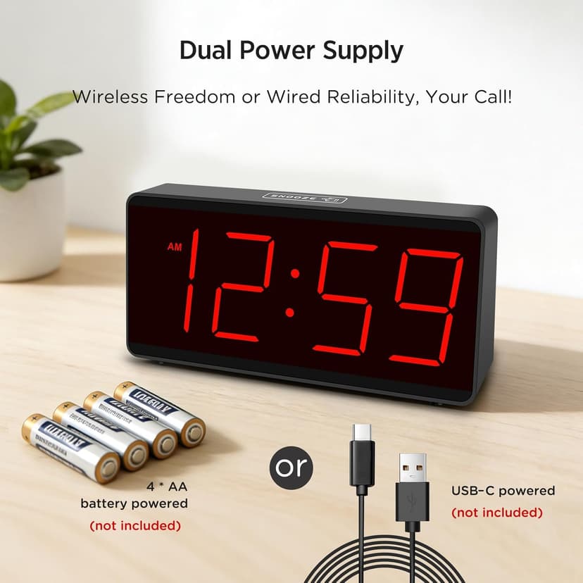 Peakeep Battery Operated Digital Clock, Alarm Clock for Bedrooms - Cordless Large Big Numbers 4 Dimmers for Seniors, Adjustable Volume Loud Alarm Clock for Heavy Sleepers Adults (Red Digits)