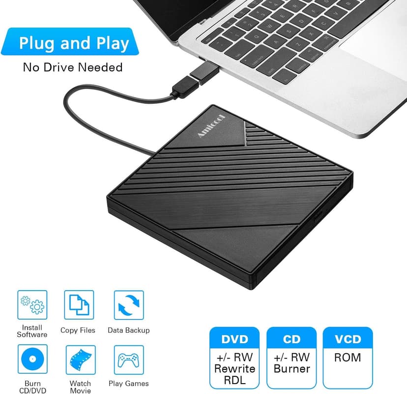 Amicool External DVD Drive USB 3.0 USB C CD Burner CD/DVD +/-RW Optical Drive, Slim Portable DVD CD ROM Rewriter Writer Duplicator for Laptop Desktop PC Windows 11/10/8/7 MacBook Mac Linux OS Apple