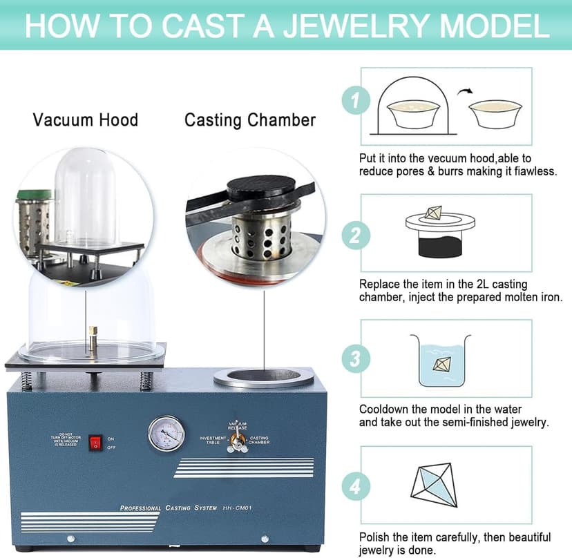 HAADID Vacuum Investing Casting Machine 2L - Vacuum Casting Machine with 3 CFM Pump & Bell Jar for Jewelry Casting Molds Processing 110V CM01