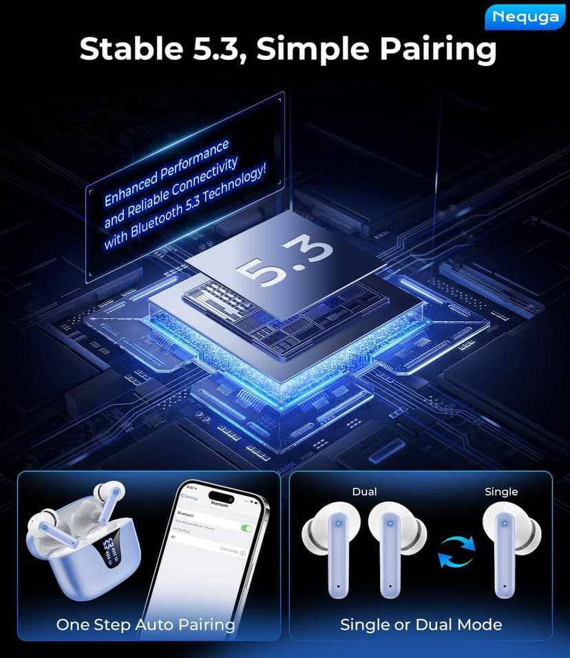 Nequga Wireless Earbuds Bluetooth Headphones, 50H Playtime Ear Buds with Mic, LED Digital Display Charging Case, IPX7 Waterproof, Deep Bass Stereo, in-Ear Earphone for iPhone Andriod Phone