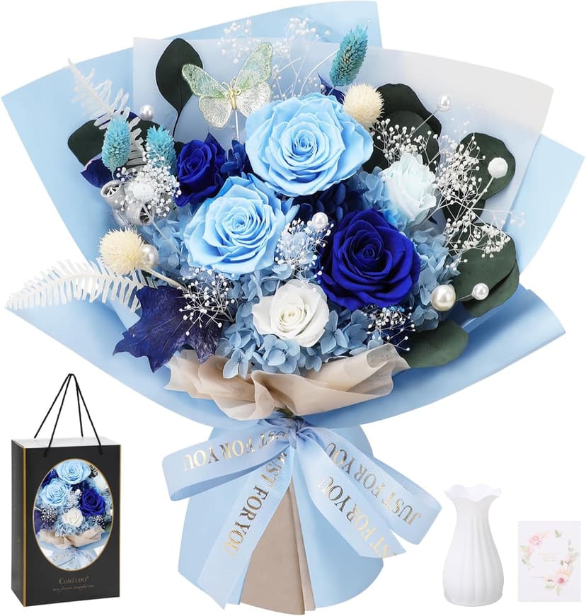 Casaido Preserved Flowers for Delivery, 6 Blue Roses Bouquet, Birthday Gifts for Women, Christmas Rose Gifts for Mom Wife Girlfriend, Forever Real Flowers for Valentines Day Anniversary