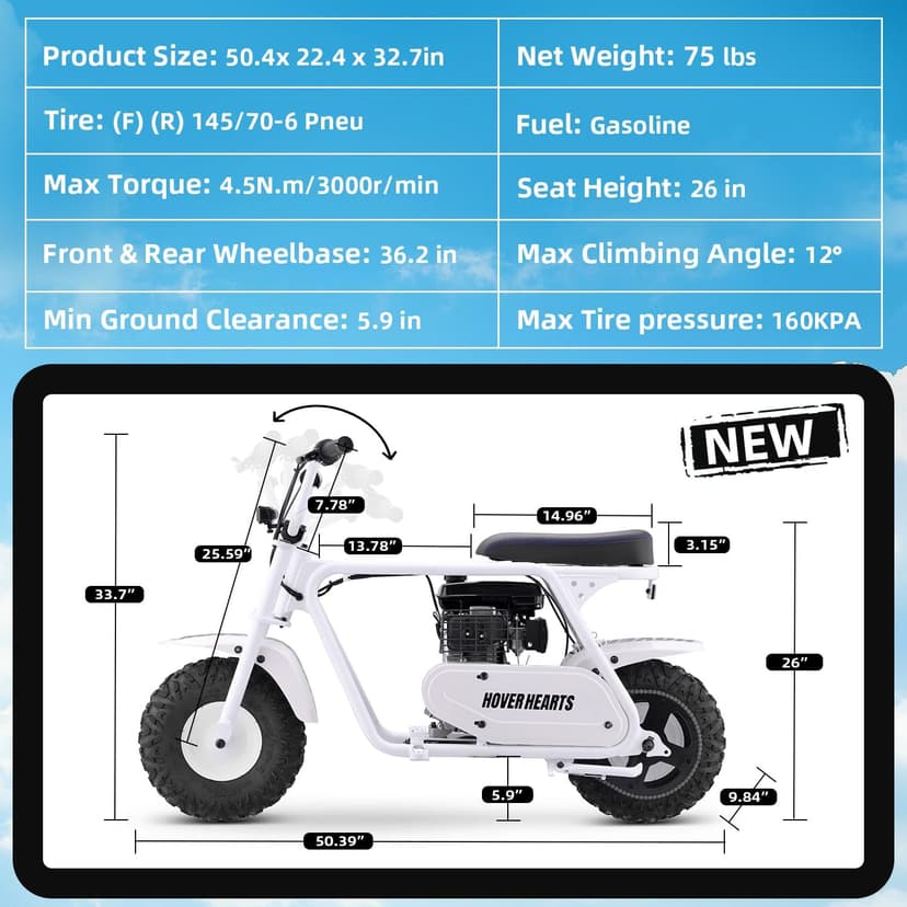 HOVER HEART Mini Bike, Gas Dirt Bike, Minibike, Gas Powered Mini Bikes for Adults, 99cc-4 Stroke Pit Bikes with Led, Dirtbike Motorcycle Max Load 200 Lbs, Speed 34.5 KM/H, Age13+ Hoverheart