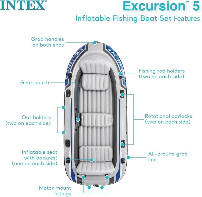 Intex Excursion 5 Person Inflatable Outdoor Fishing Raft Boat Set with 2 Aluminum Oars and Air Pump with a Intex Composite Motor Mount Kit