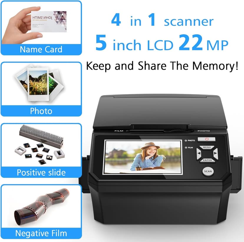 Film & Photo Scanner with 5" LCD Screen, Converts Photo, 135/110 Film Negatives & Slides, Business Card to 22MP Digital Photos, 8GB SD Card Included