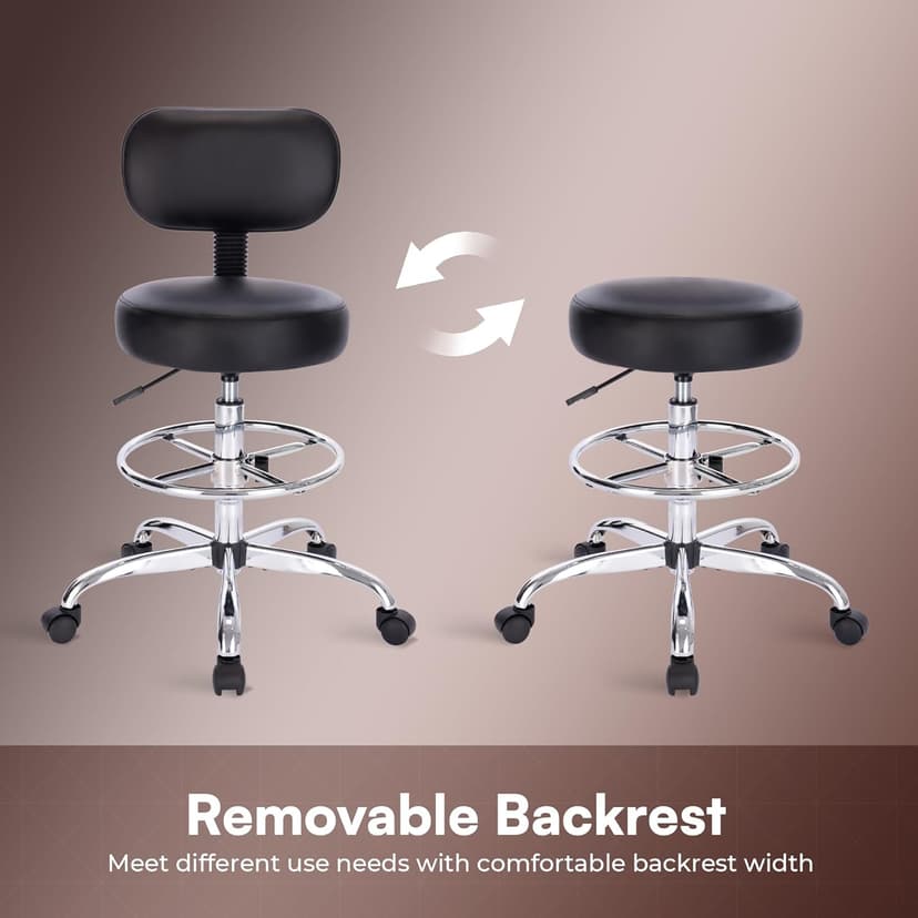 SUPERJARE Drafting Chair with Back, Adjustable Foot Rest Rolling Stool, Multi-Purpose Office Desk Chair, Thick Seat Cushion for Home Bar Kitchen Shop - Black