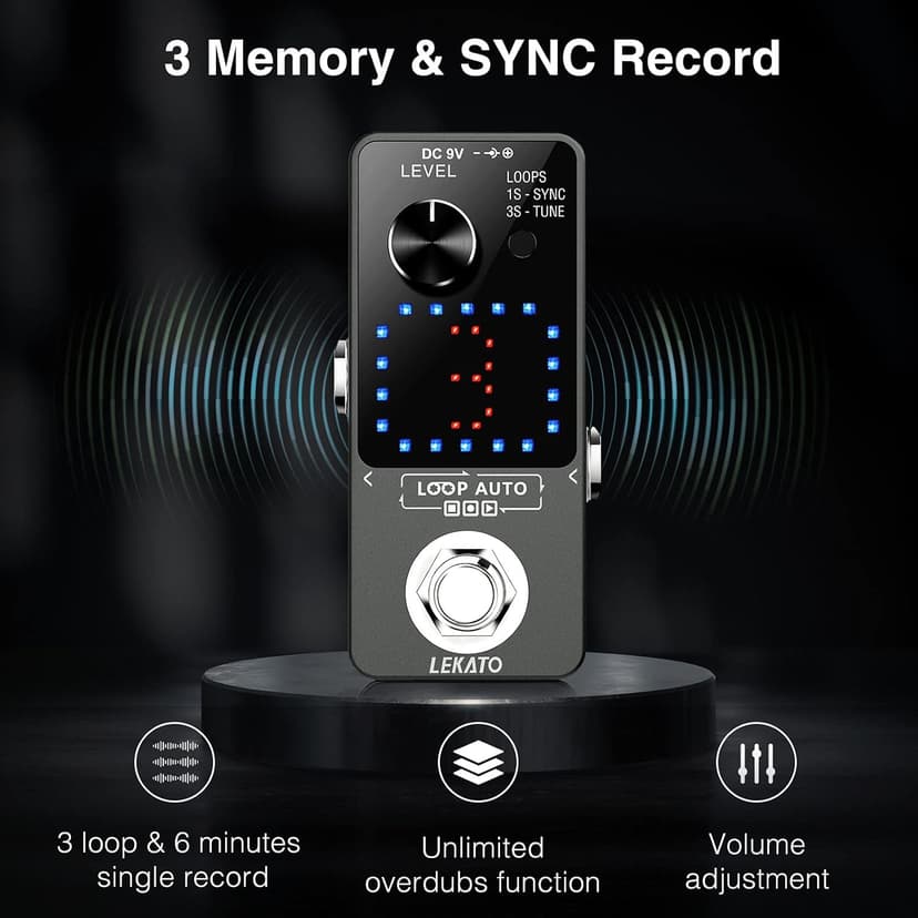 LEKATO Looper Pedal,Guitar Looper Pedal with 9V 0.6A Looper Pedal Power Supply Adapter, Effect Loop Pedal with SYNC & Tuner Function Loop Pedal for Electric Guitar 3 Loops 18 Minutes Record Time