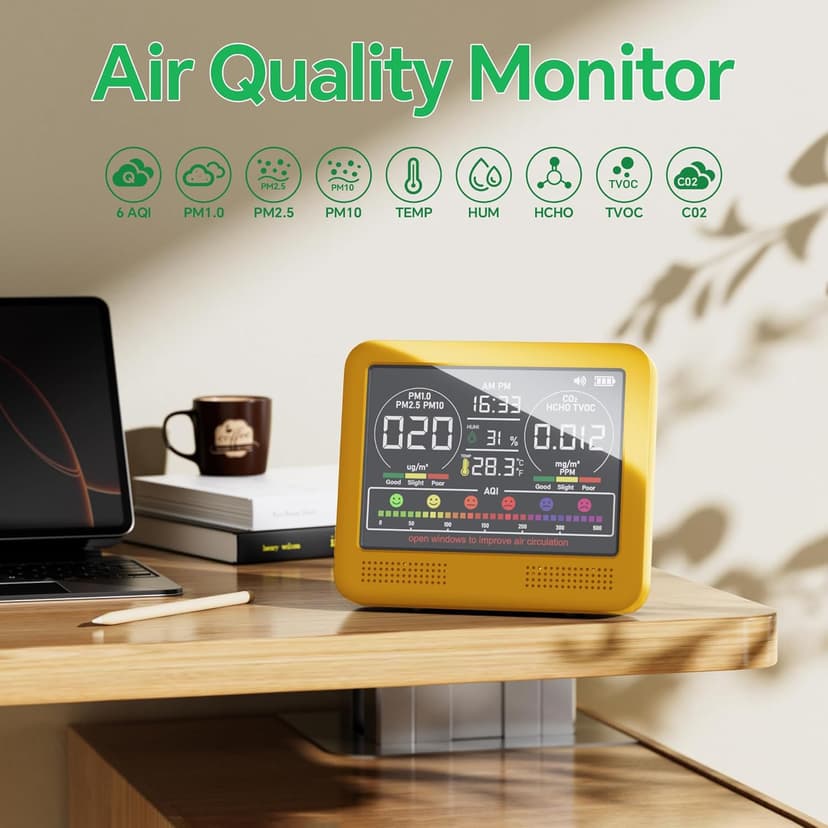 16-in-1 Indoor Air Quality Monitor with PM1.0,PM2.5,PM10,CO2,HCHO,TVOC,Temperature,Humidity,Time Display &7 AQI Alarms – Professional Air Quality Tester for Home, Office & Indoor Use