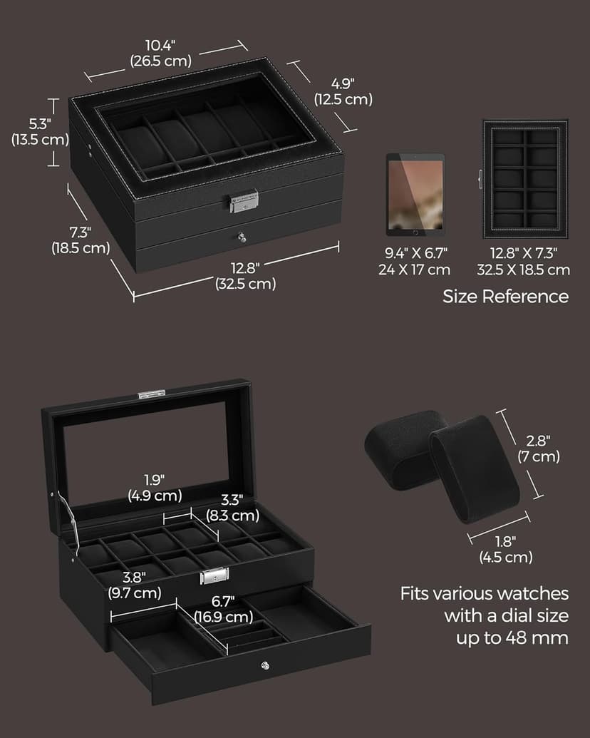 SONGMICS Watch Box, 12-Slot Watch Case Organizer with Large Glass Lid, 2 Layers, Removable Pillows, Metal Lock, Gift for Loved Ones, Black Synthetic Leather, Black Lining UJWB012B03