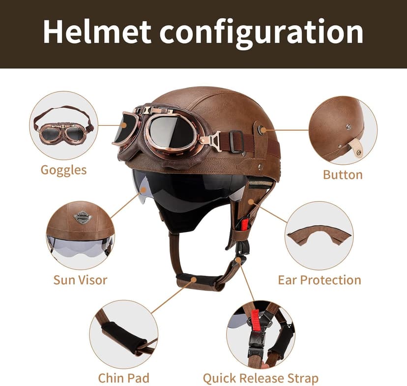 German Style Leather Motorcycle Half Helmet for Adults Men Women, DOT Approved Vintage Cap Half Face Shell Motorcycle Helmets for Cruiser Chopper+Goggles
