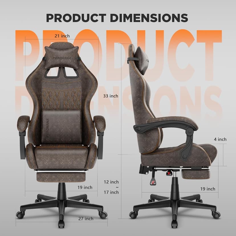 Ferghana Vintage PU Leather Gaming Chair, Ergonomic Gamer Chair with Massage, High Back Computer Office Chair with Footrest for Adults, Racing Style Reclining Video Game Chair (Brown)
