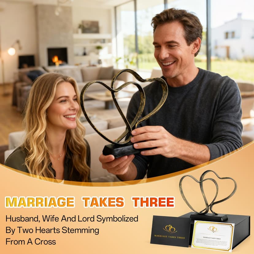 Anniversary Wedding Gifts for Couple - Two Hearts and Cross Iron Sculpture, 1st to 50th for Her and Him,Decorative Hearts Statue Includes Present Box and Poem Card
