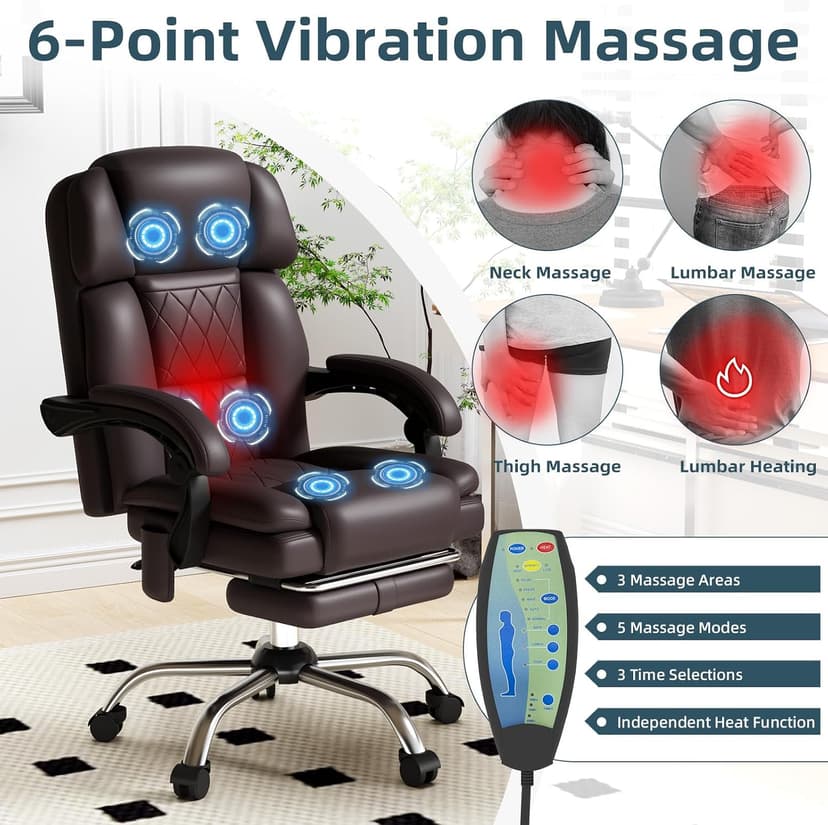 HOMREST 6-Point Massage Office Chair with Heat, Ergonomic Reclining Desk Chair with Footrest, PU Leather Executive Chairs for Home Office, Massaging Computer Chair Gift for Men, Brown