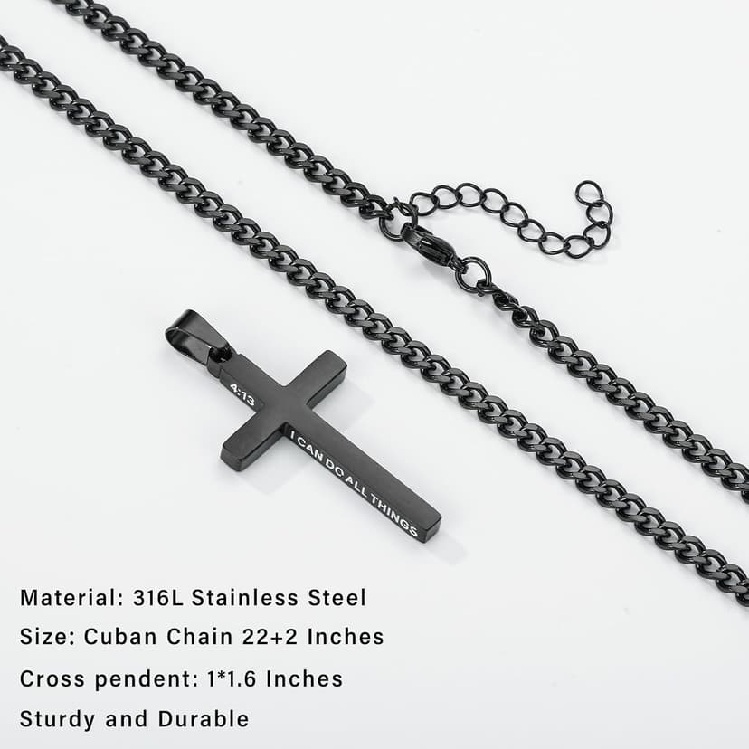 Gnamy Cross Necklace for Men Boys Stainless Steel Bible Verse Cross Pendant with Cuban Link Chain (22+2 Inches) | Christian Religious Jewelry Gifts B0FQHXFGM5