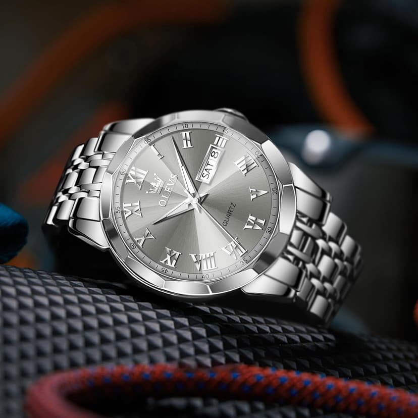 OLEVS Mens Silver Watches Luxury Waterproof Silver Watch for Men Analog Quartz Stainless Steel Men's Dress Watches Classic Casual Wrist Watch Large Face with Date Relojes para Hombres