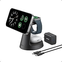 Anker MagSafe Charger Compatible, MagGo 3-in-1 Charging Station, Nano Charging Stand, Qi2 Certified 15W Magnetic Wireless Charger Dock, for iPhone17/16/15/14, Apple Watch,AirPods (Adapter Included)