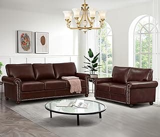 Antetek 2-Piece Comfy Upholstered PU Leather Sofa Couch Set, Mid-Century Modern Loveseat Sofa+3 Seater Couch with Storage Space for Living Room, Furniture Set, Red Brown