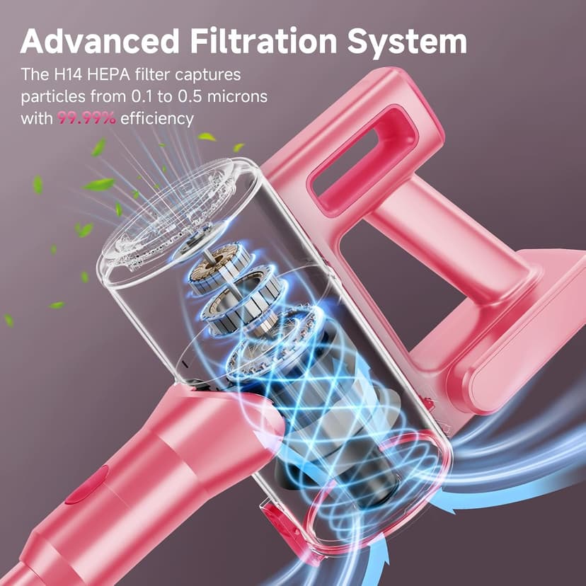 Cordless Vacuum Cleaner, 38Kpa Powerful Stick Vacuum Cleaner with 45mins Rechargeable Battery, LED Anti-Tangle Brush, 8-in-1 Handheld Vacuum Cleaners for Home/Pet Hair/Carpets/Floors, Pink