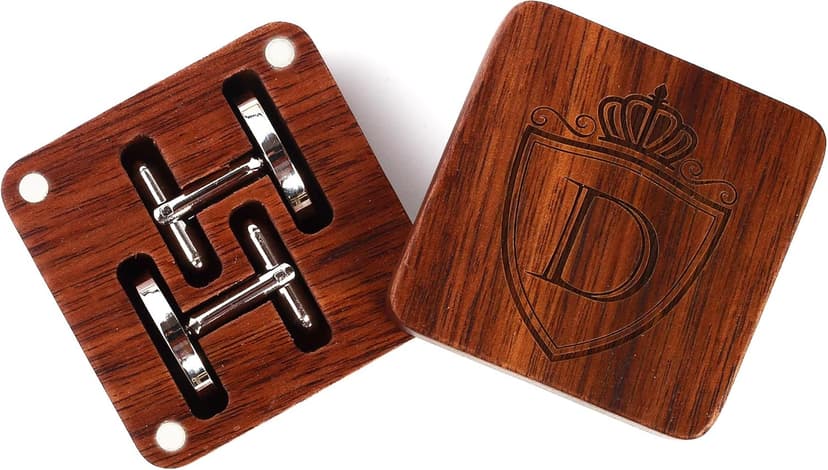 Mens Initial Silver Cufflinks A-Z Alphabet Letter Steel Cuff Links with Engraved Walnut Wood Box Groom Groomsman Wedding Set…