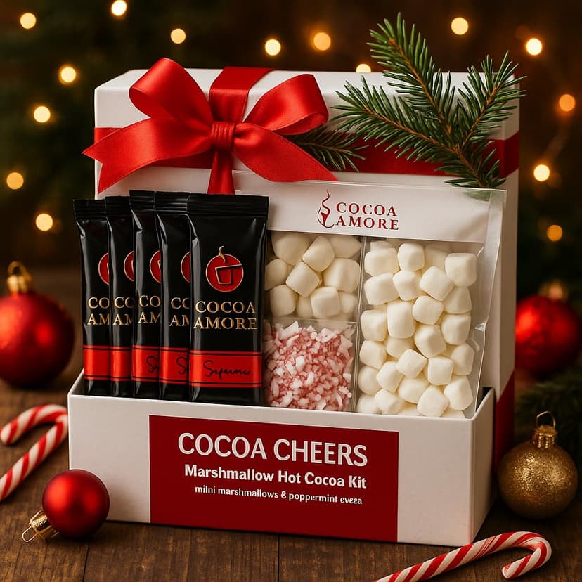 Hot Chocolate Cocoa Mix Gift Kit - Supreme Gourmet Cocoa Mix Packets, Crushed Peppermint & Mini Marshmallows | Instant Drink 4 Servings 8 oz