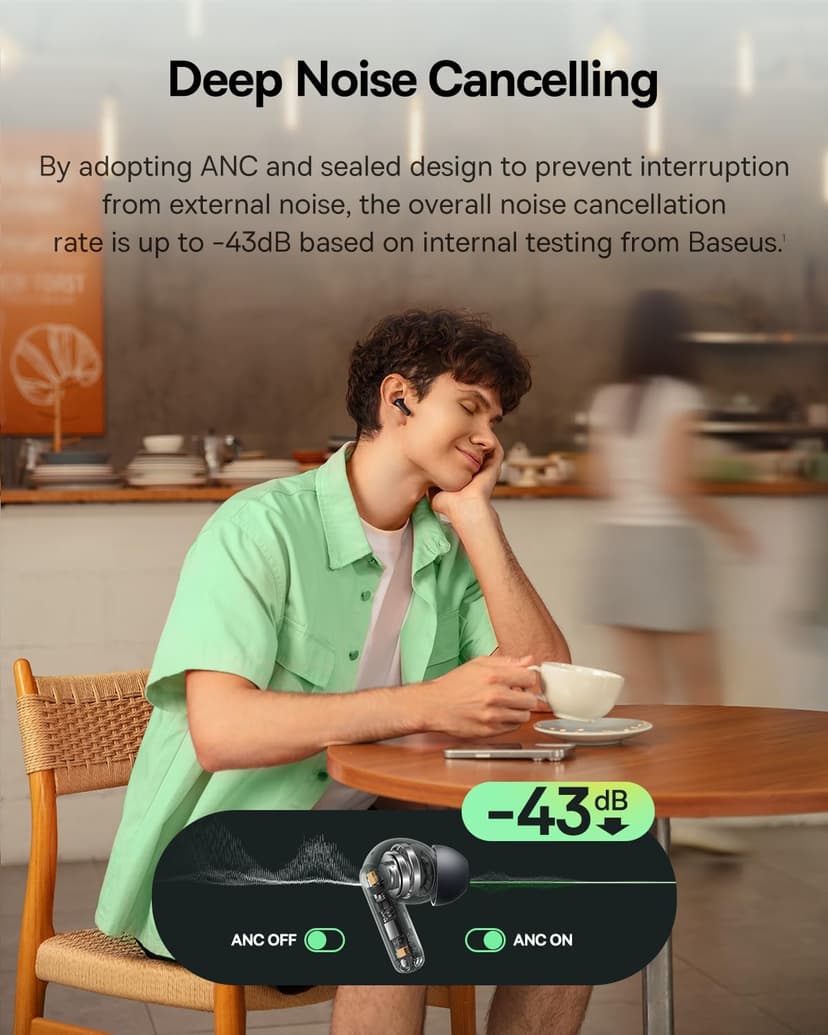 Baseus Bass BP1 NC Hybrid Active Noise Cancelling Wireless Earbuds, 12mm Super-Bass Driver, 41H Playtime, Bluetooth 6.0, IP55 Waterproof, 4-Mic AI ENC, 24 Customizable EQ