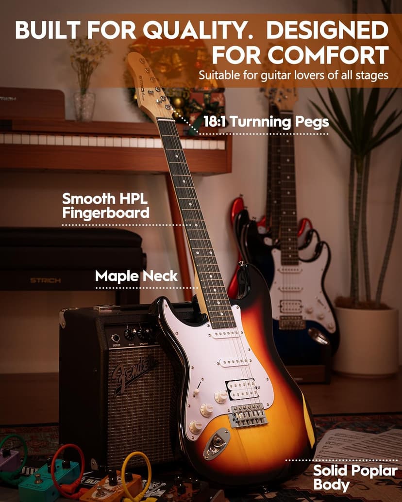 STRICH Electric Guitar Left Hand Beginner Kit, Solid Body 39" Electric Guitar HSS Pick Up for Starter, with 5W x 2 Amp, Bag, Capo, Strap, String,Cable, Picks, SST-S20L Sunburst