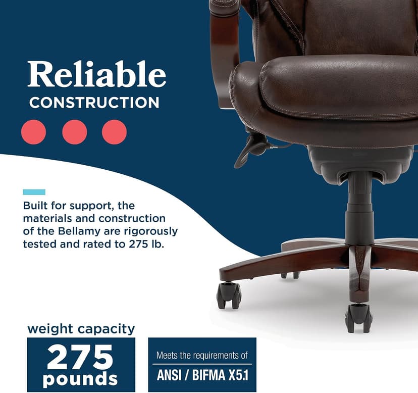 La-Z-Boy® Bellamy Executive Office Chair with Memory Foam Cushions, Real Wood Arms and Swivel Base, Waterfall Seat Edge, Faux Bonded Leather, Brown