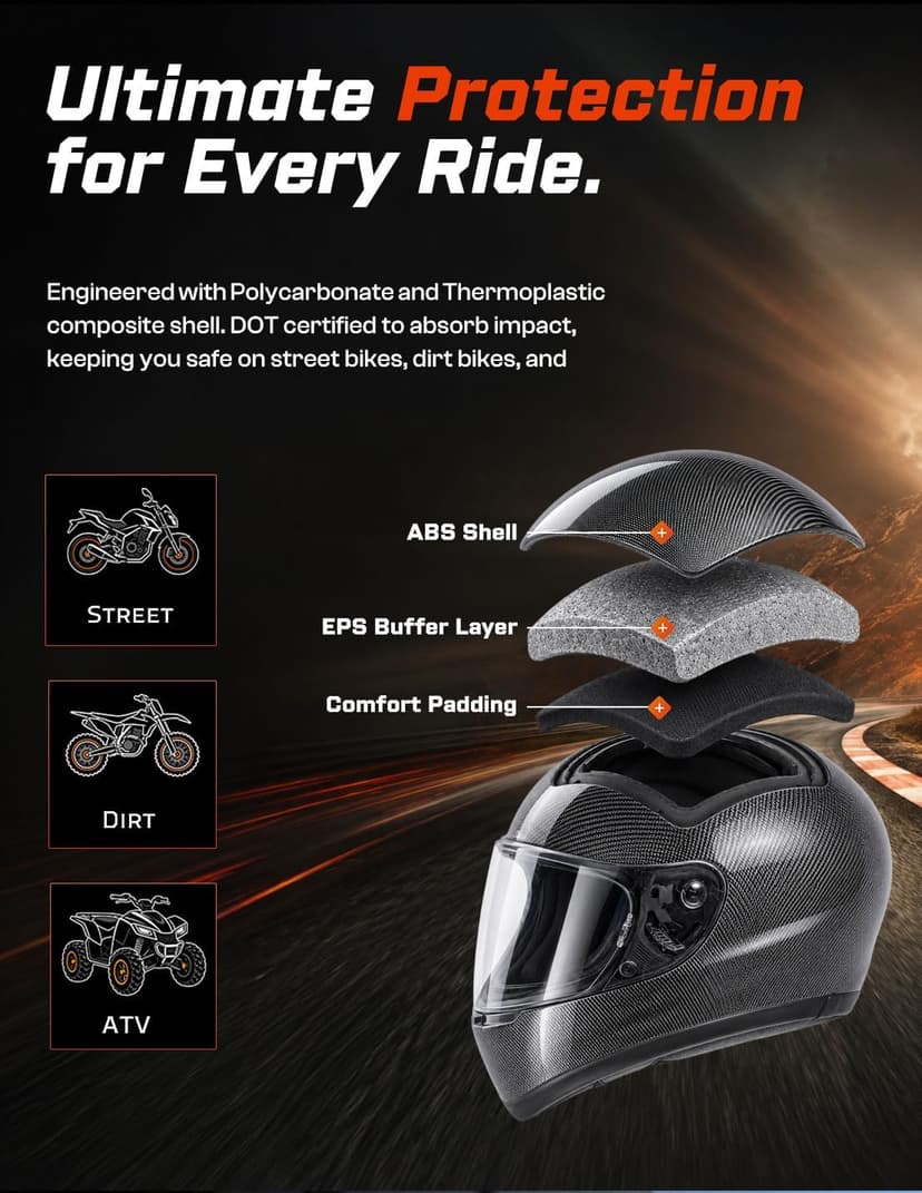 TCMT Full Face Motorcycle Helmet for Adults Men Women, Lightweight Polycarbonate Street Bike Dirt Bike Helmet with Anti-Scratch Mirror Shield and Removable Liner, DOT Approved