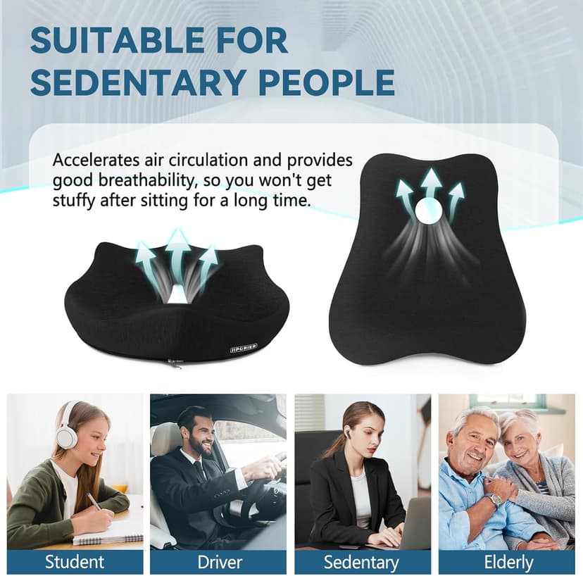 Seat Cushion & Lumbar Support Pillow for Office Chair,Memory Foam Chair Cushions for Tailbone Pain, Non-Slip Back Support for Desk,Gaming Chair,Wheelchair, Breathable & Machine Washable