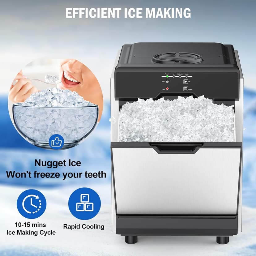 Nugget Ice Maker, 80 LBS/Day with 15 LBS Storage Bin, Freestanding Undercounter Ice Maker Machine Stainless Steel, Soft Chewable Pellet Ice Machine for Home Bar Kitchen Office, Self-Cleaning