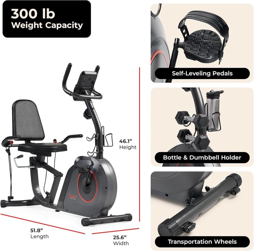 Sunny Health & Fitness Smart Heavy-Duty Recumbent Bike w/Wide Cushioned Seat & Back, Indoor Cycling Machine for Adult/Seniors Home Exercise, Free SunnyFit App Connect, Optional Workout Training Bands