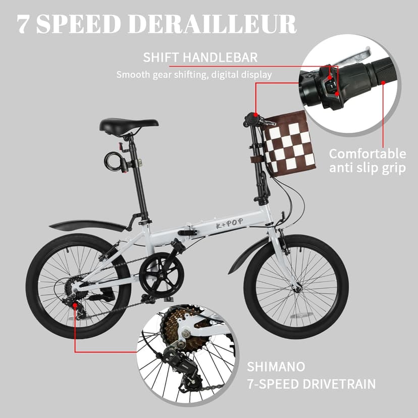 20 Inch Folding Bike with 7-Speed, Foldable Bikes for Adults, Lightweight Folding Bicycle with Basket, Fender, Front and Rear V-Brakes, Adjustable Seat