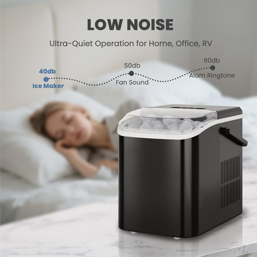 DUMOS Countertop Ice Maker with Handle, 26lbs/24H Portable Ice Machine, 9 Bullet Ice Cubes Ready in 6 Mins, Self-Cleaning, Quiet Compact Ice Maker for Home, Kitchen, RV, Camping, Modern Black