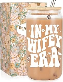 Fairy's Gift Wifey Era Cup, Wedding, Bride Gifts for Her, Bridal Shower, Engagement Gifts for Women, Couples, 16 oz Coffee Glass Cups w/Lids Straws, Bachelorette Presents for Bride to be, Future Mrs
