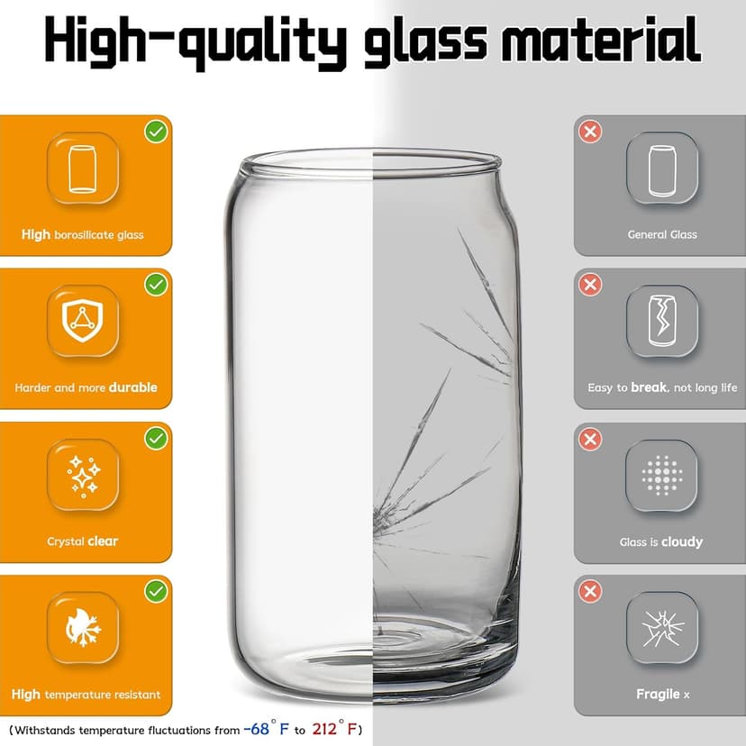 Glass Cups with Lids and Straws 6 pcs, 16 oz-DWTS Cute Tumbler,Beer Drinking Glasses,Clear for Iced Coffee, Tea with Bamboo Lids for Gifts