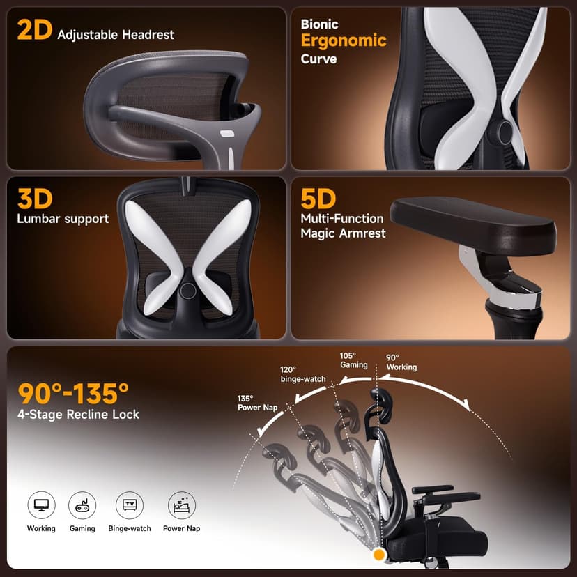 amseatec Office Chair Ergonomic Desk Chair,350 LBS Home Mesh Office Desk Chairs with 3D Adjustable Lumbar Support,5D Flip-up Arms,2D Adjustable Headrest,Comfortable Computer Gaming Chairs(Black)