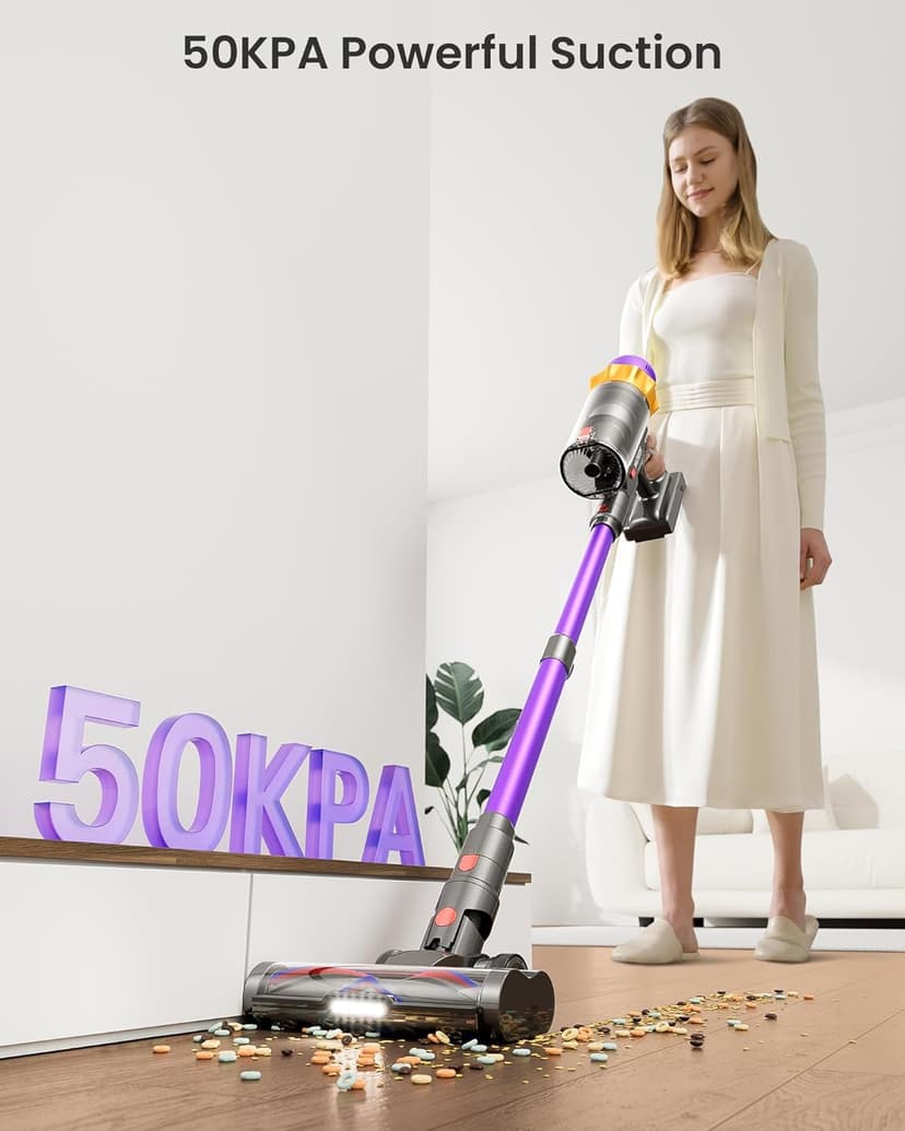 Cordless Vacuum Cleaner, 600W 50KPA 70 Mins Vacuum Cleaners for Home, Self-Standing Cordless Vacuum with Charging Dock Station, LED Display, Upgraded Anti-Tangle Stick Vacuum for Pet Hair/Carpet/Floor