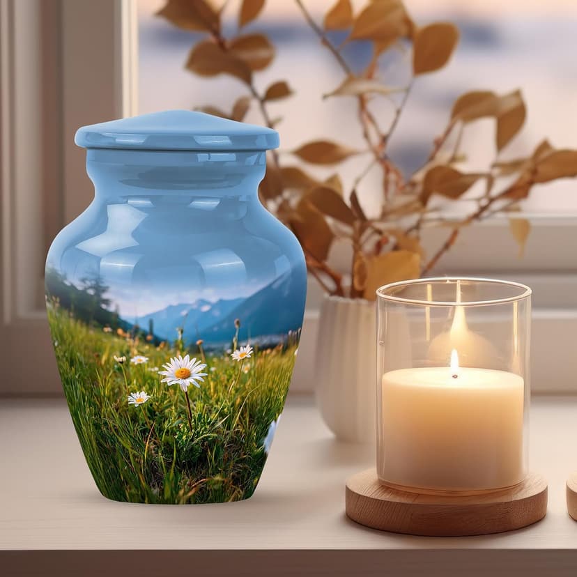 Blue Small Funeral Urn for Ashes for Women and Men Remains - Decorative Travel Urn for Mother and Father Cremation 3 Inch Daisy Burial Urns for Adult Human Ashes B0FJY7YYJ6