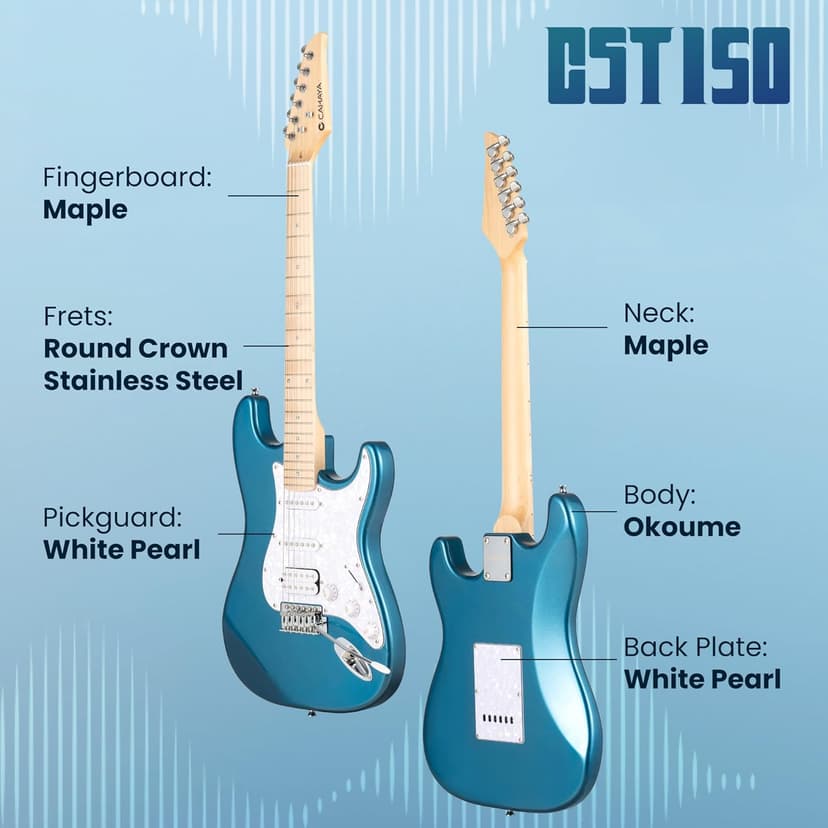 CAHAYA Electric Guitar Set Beginner - 39in Starter Guitar Kit with HSS Pickup Solid Okoume Body Electric Guitar Adults with Amplifier Gig Bag Strap Picks Strings Cable Blue
