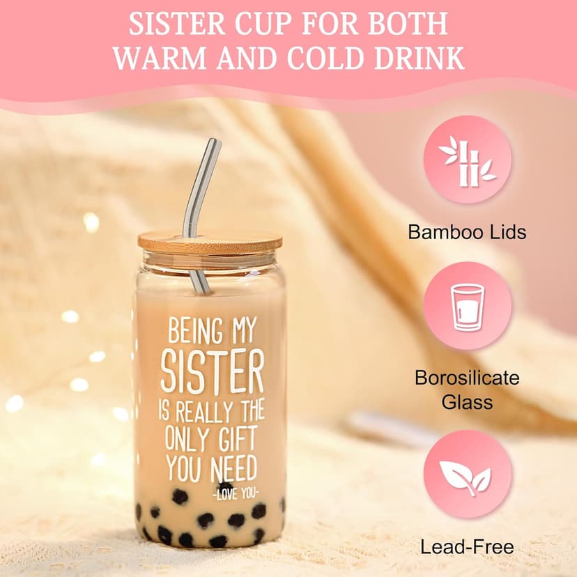 Sister Gifts from Sisters Birthday Gifts for Sisters Adult Best Sister Ever Gift Ideas for Women Cool Presents Set with Funny Glass Cup, Unique Makeup Bag, Scented Candle, Bracelet, Jewelry Tray