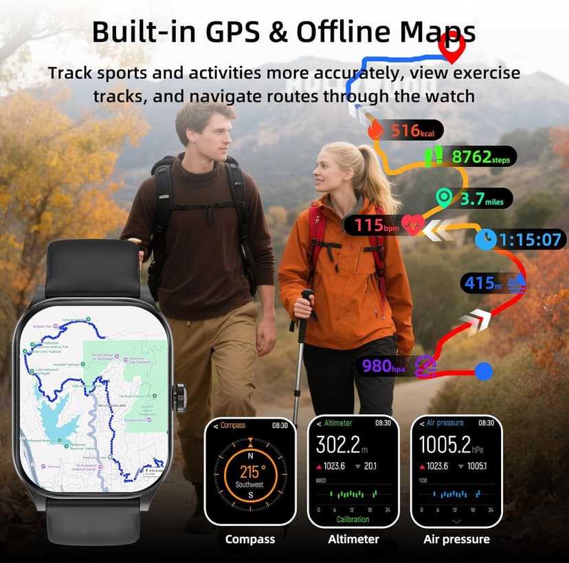 Smart Watch with Built-in GPS and Offline Maps, 1.96" HD Display, Answer/Make Calls, 100+ Sport Modes, Heart Rate/Sleep/SpO2 Monitor, Fitness Activity Tracker for Android and iPhone, 2 Bands, Black