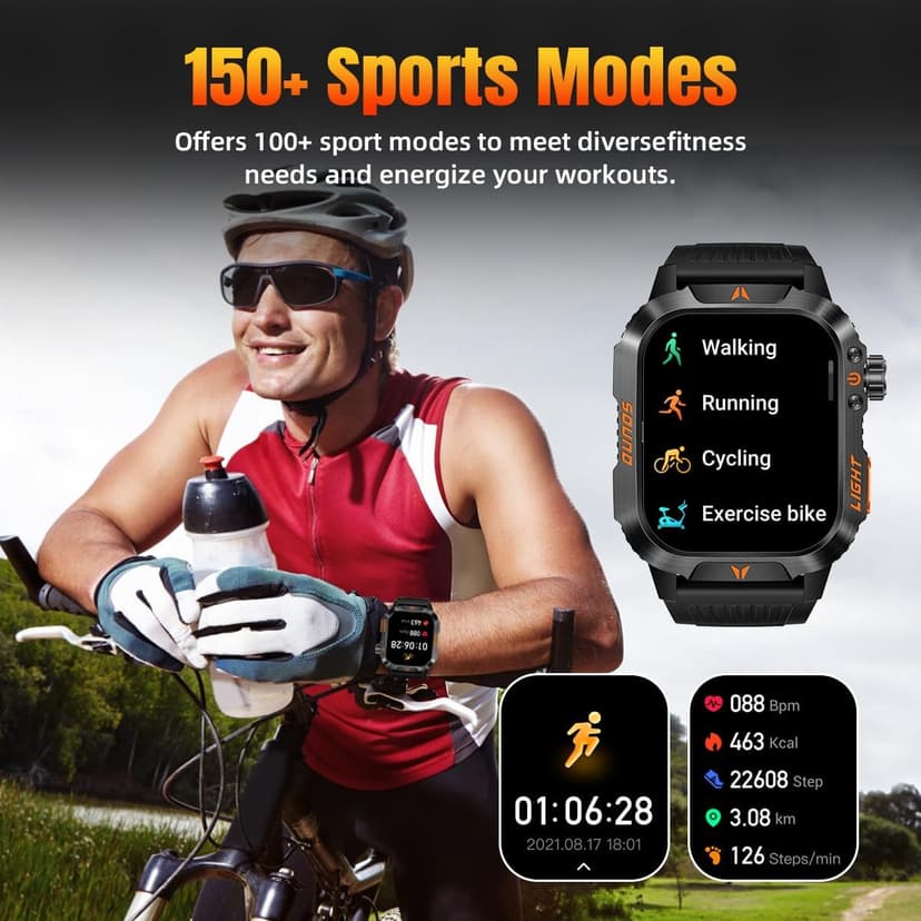 Military Smartwatch for Men, LED Flashlight Bluetooth Call IP68 Waterproof Heart Rate Blood Oxygen Sleep Tracker Fitness Pedometer Android iOS Compatible - Ideal for Hunting Hiking Extreme Sports