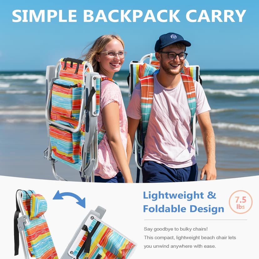 PASAMIC Backpack Beach Chair for Adults Portable, Lay Flat Reclining Beach Chair with 5 Positions, Tall Heavy Duty Folding Chairs with Cup Holder, Cooler Pouch, Towel Bar, Multicolor Stripe